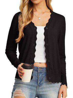 Womens Black Lightweight Sweater Button Down Long Sleeve Casual Tops Shrugs